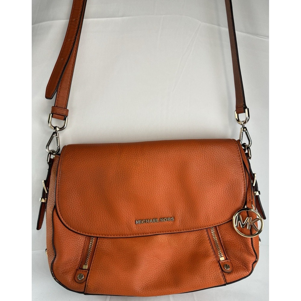 Michael Kors Bedford Legacy Orange Pebbled Leather Charm Shoulder Satchel Purse